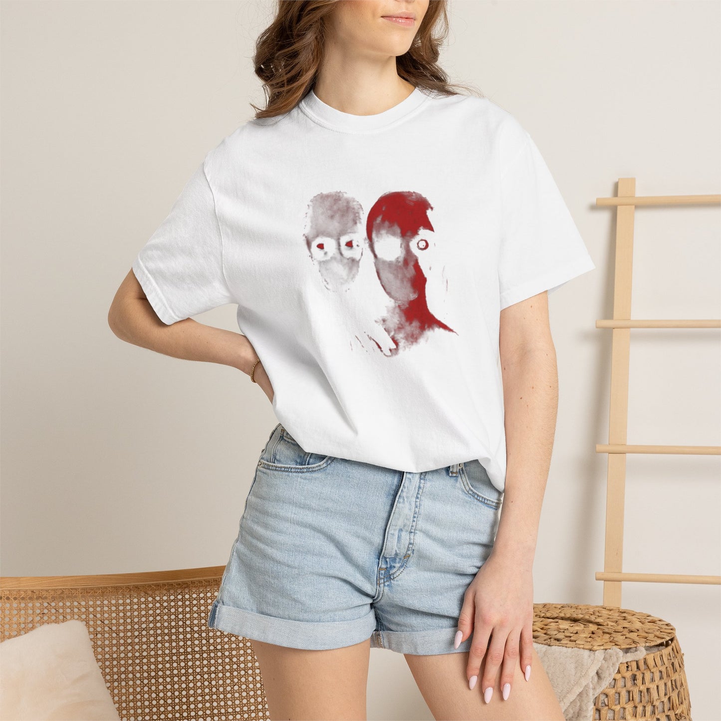 Abstract Horror Portrait T-Shirt — Red Sketch Double-Face Graphic