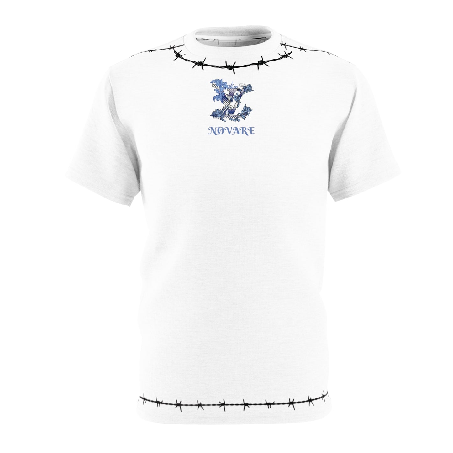 Barbed Wire Chest Crest Tee — Novare Floral Emblem T‑Shirt